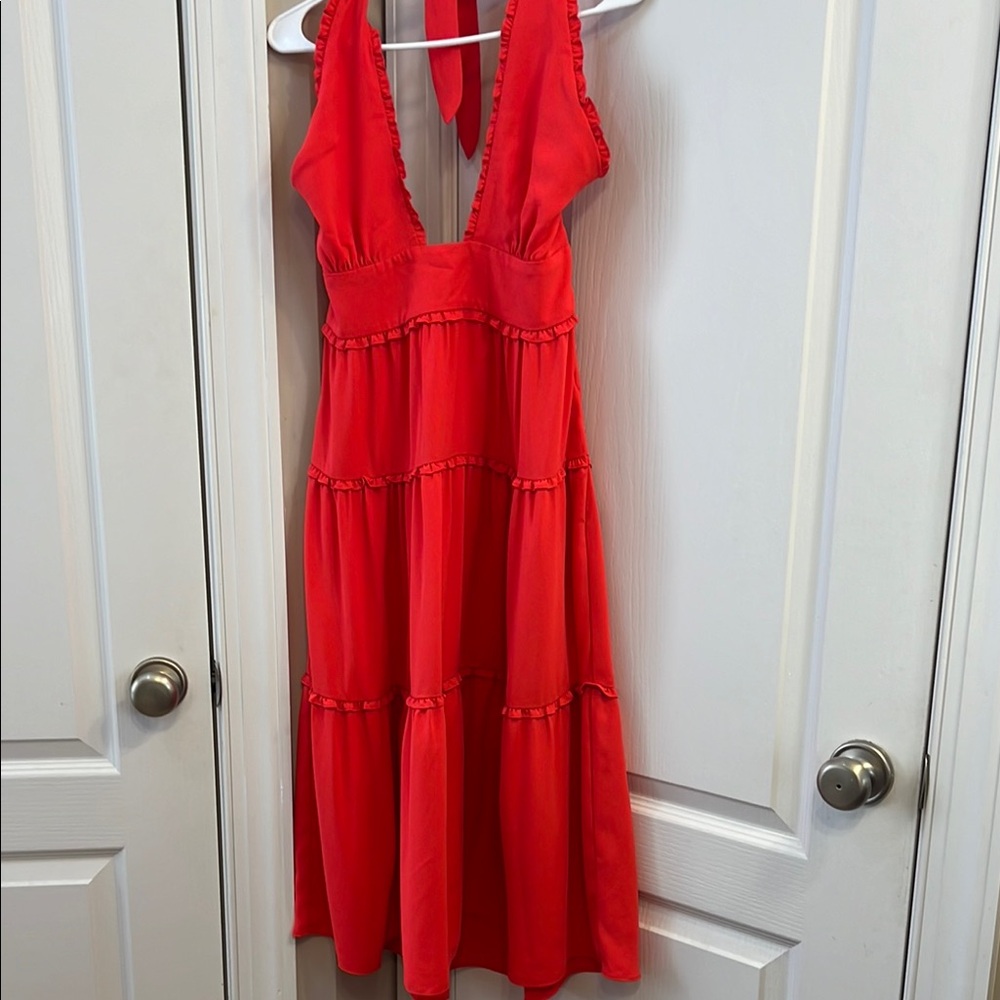 Amanda Uprichard Red Halter Tiered Midi Dress